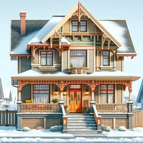 A charming two story house with a gabled roof and two separate entrances each adorned with ornate wooden trims and a cozy front porch