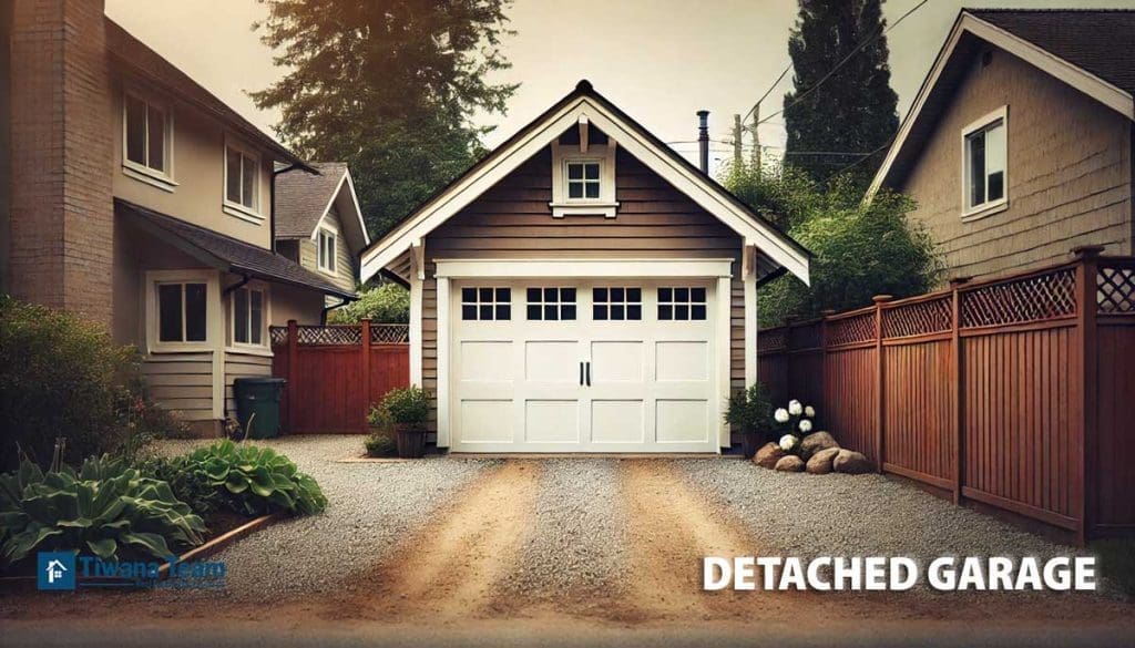 A Detached Garage With A Gravel Driveway And A Fence